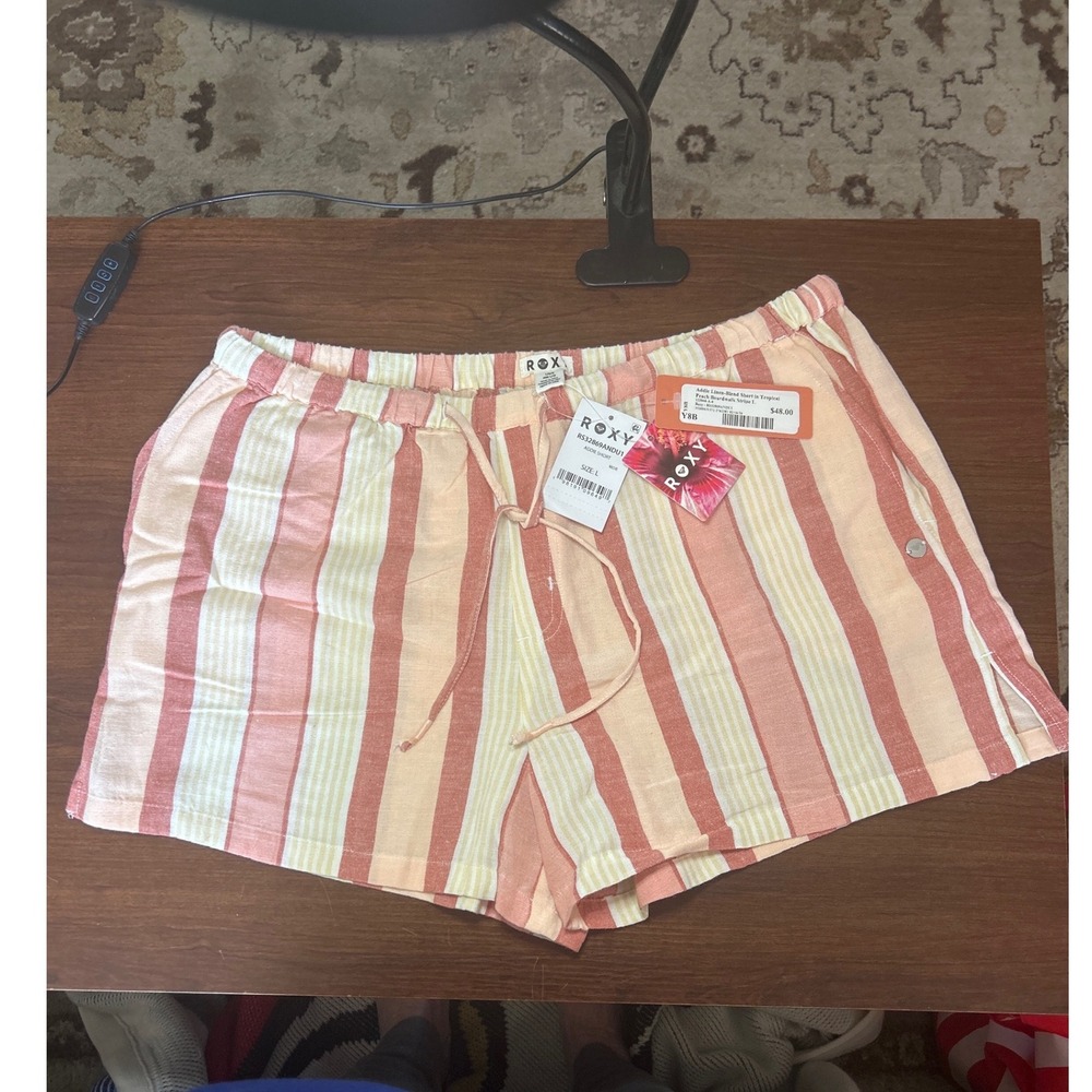NWT Roxy Linen blend L Addie Tropical Peach Boardwalk Stripe Drawstring Pocket